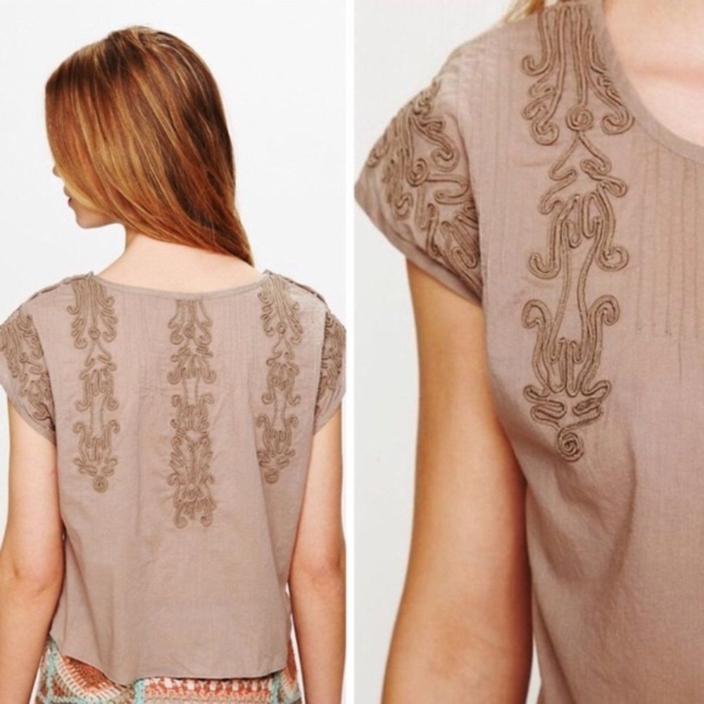 Free People Brown Embroidered Quills Cropped Top Size Small - Picture 2 of 14